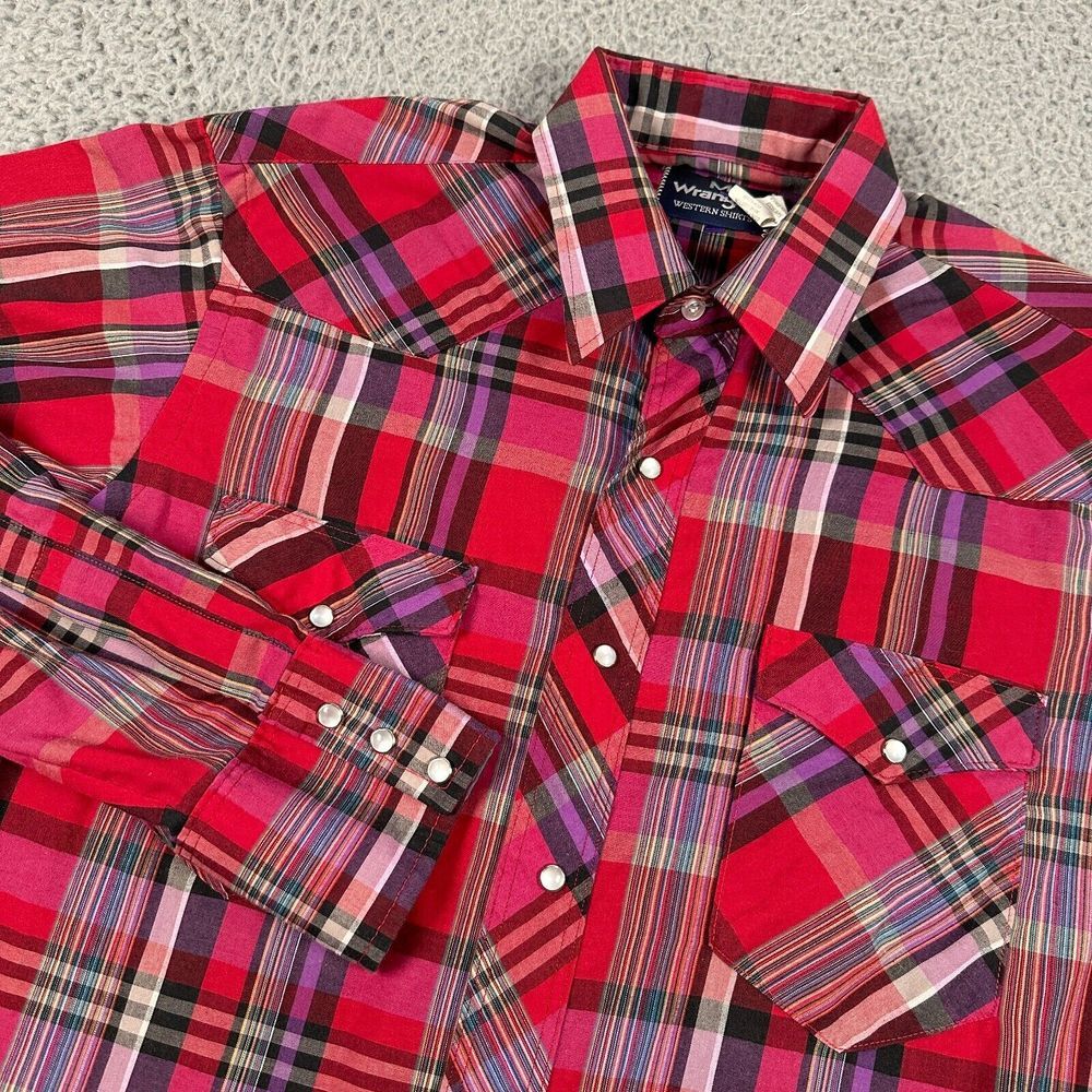 VTG Wrangler‎ Shirt Mens Medium Red Plaid Pearl Snaps Made In USA